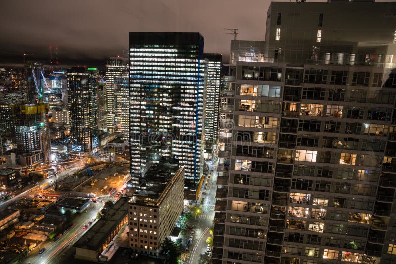 Seattle Skyline Office Buildings at Night Editorial Stock Photo Image