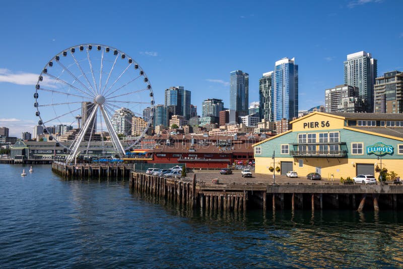 Seattle Skyline during Summer. View from Elliott Bay Pier 56. Space