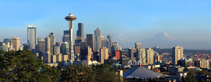 Seattle skyline at sunset, Washington state.