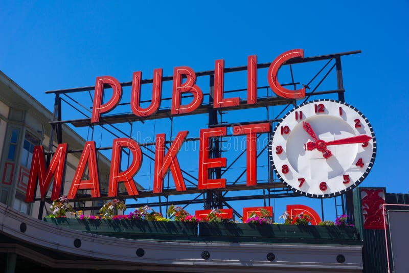 Seattle szczupaka miejsca Jawnego rynku zegaru znak zdjęcie stock Seattle szczupaka miejsca Jawnego rynku zegaru znak zdjęcie stock