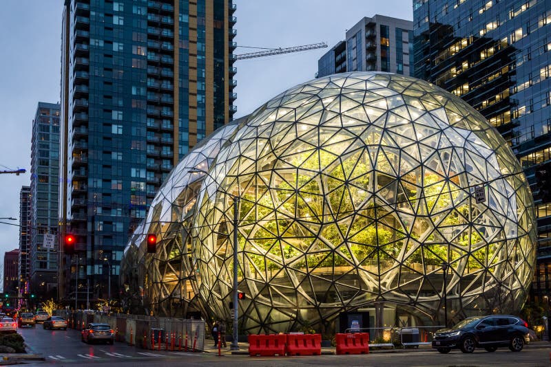 Seattle, Washington, United States of America - The Spheres, three spherical conservatories on the headquarters campus of Amazon. Landmark building with unique design and green plant