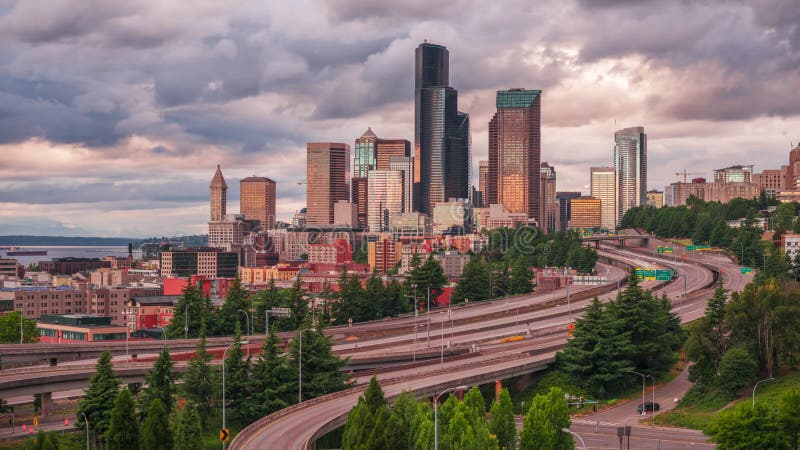 Seattle, Washington, USA Downtown City Skyline over Highways