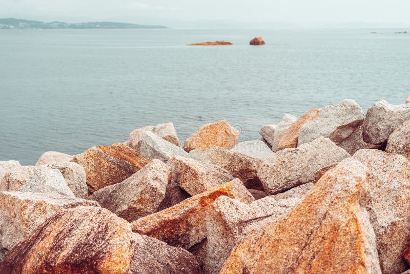 Seawall Made of Granite Rocks Stock Image Image of coast, horizon