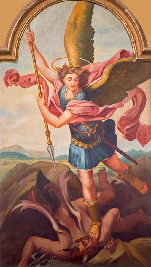 SEBECHLEBY, SLOVAKIA - Paint of archangel Michael from main altar of parisch church of St. Michael by L. Schramek (1928)