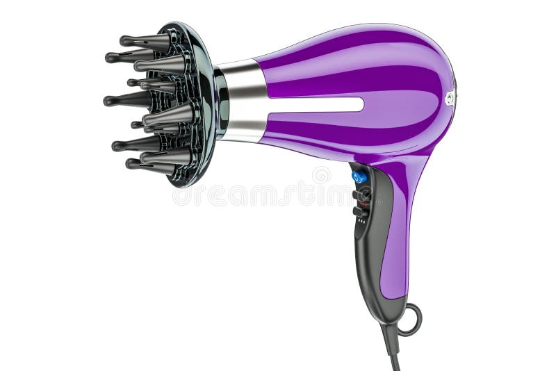 Secador de cabelo roxo com bocal, rendição 3D ilustração stock Secador de cabelo roxo com bocal, rendição 3D ilustração stock