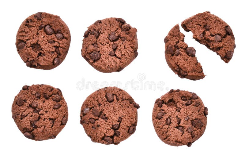 Sechs Plätzchen mit Schokolade auf lokalisiertem Hintergrund Unterbrochene Plätzchen