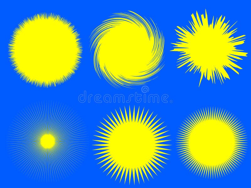 An Illustration of Six 6 Different Suns or Sunbursts. An Illustration of Six 6 Different Suns or Sunbursts.