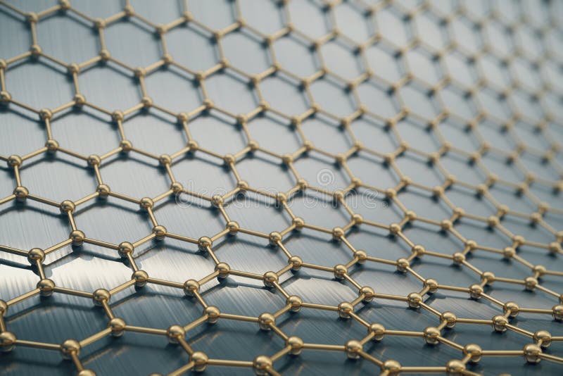 Sechseckige geometrische Formnahaufnahme der Wiedergabegoldnanotechnologie, Konzeptgraphen-Atomstruktur, molekular stock abbildung