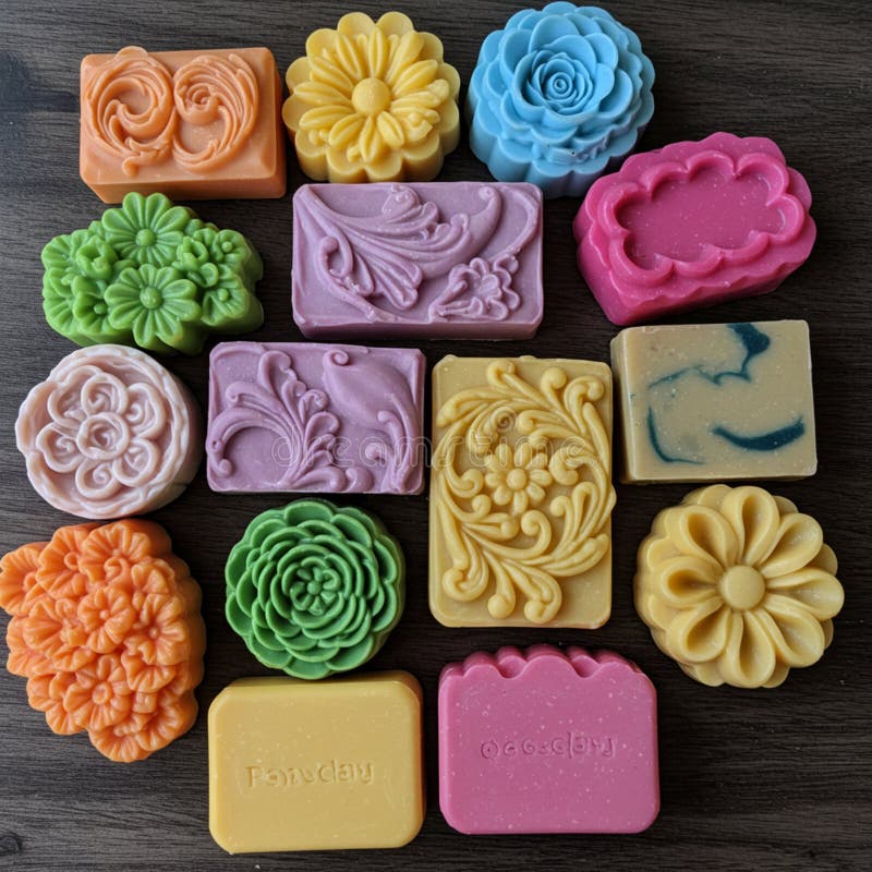 Sechzehn Bars, farbenfrohe Seife mit raffiniertem Design, sind auf einer dunklen Holzoberfläche angeordnet. lizenzfreie abbildung