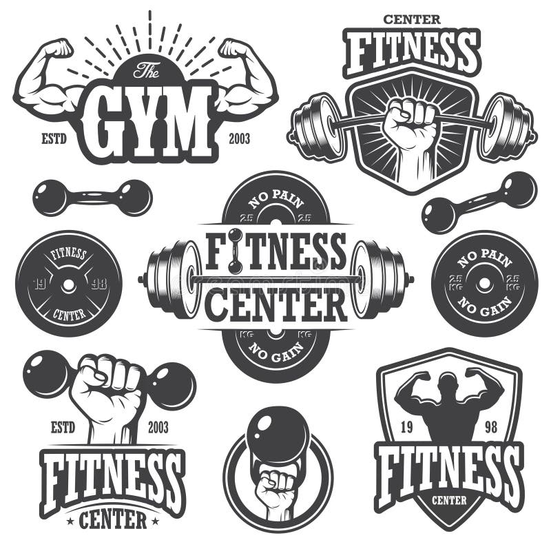 Grungy Gym and Fitness Label Templates and Athletic Badges Stock Vector