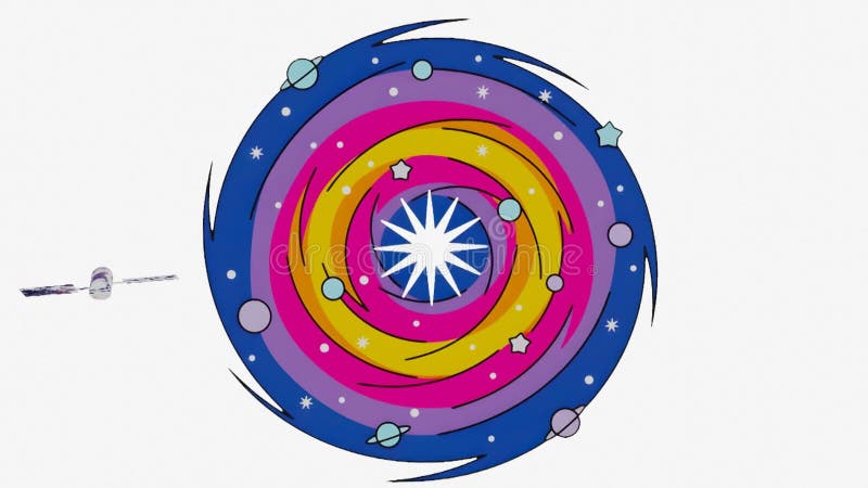 0 seconds seamless loading animation of satellite orbiting a colorful cosmic space spiral stock illustration
