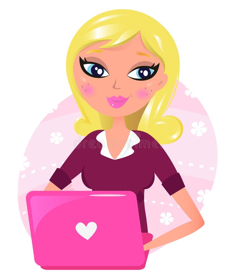 Secretaria rubia linda con la computadora portátil rosada stock de ilustración Secretaria rubia linda con la computadora portátil rosada stock de ilustración