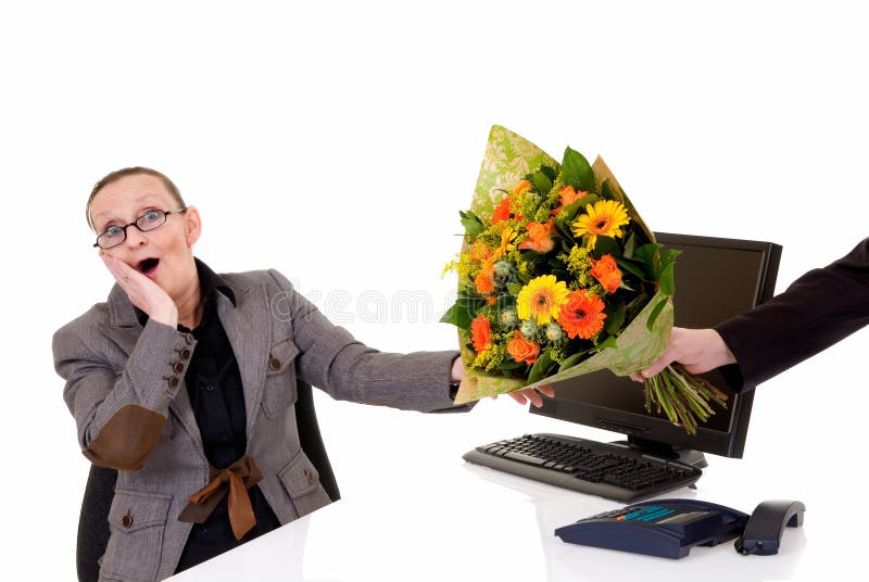 Attractive middle aged woman getting flowers for birthday, promotion, secretary day, white background, studio shot. Attractive middle aged woman getting flowers for birthday, promotion, secretary day, white background, studio shot.