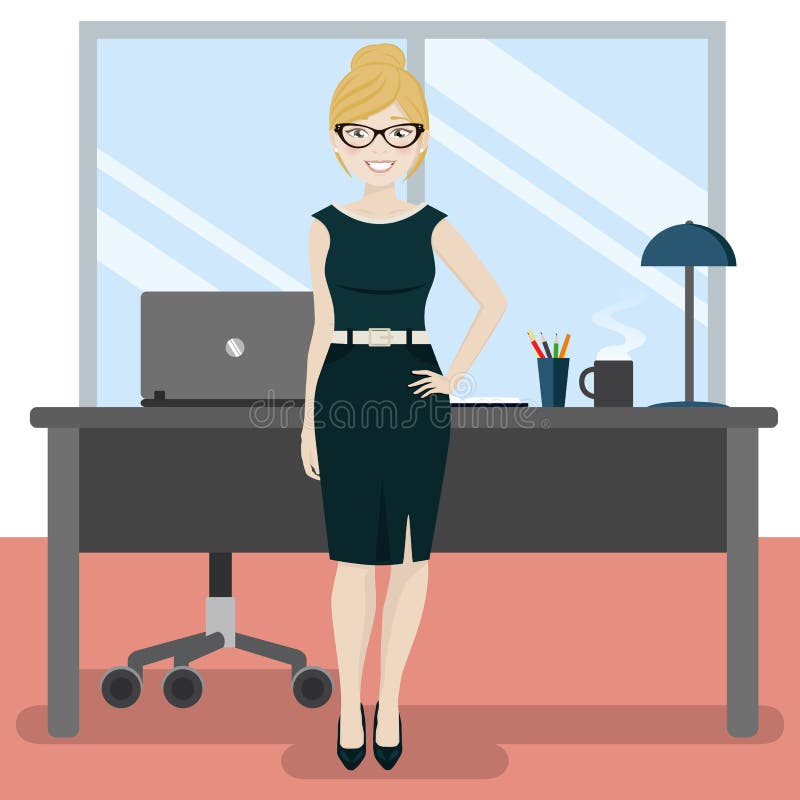 Secrétaire mignon au bureau avec l'ordinateur portable et le café illustration de vecteur Secrétaire mignon au bureau avec l'ordinateur portable et le café illustration de vecteur