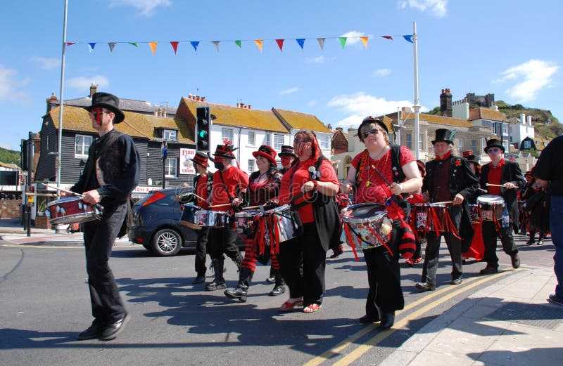 Percussion Section of a Marching Band, Drums and Cymbals in a Parade in