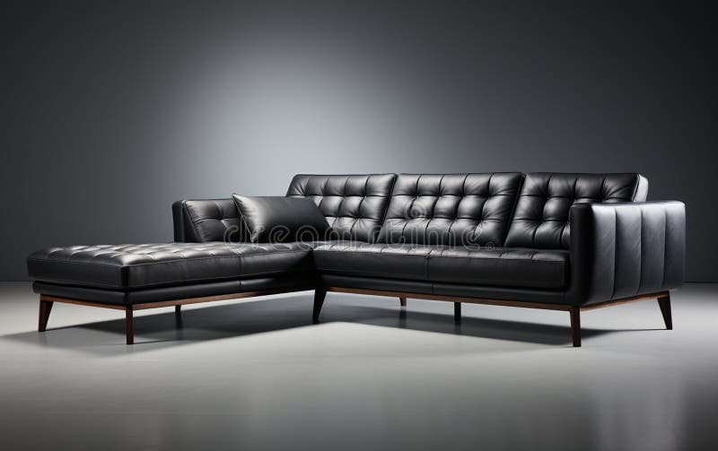 Sectional Sofa in Black on a White Background Generative Ai Stock