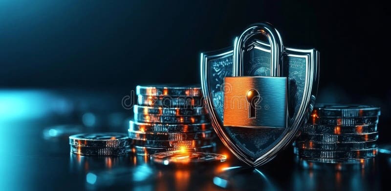Secure banking environment showcasing a shield and lock symbolizing privacy. Generative AI stock images