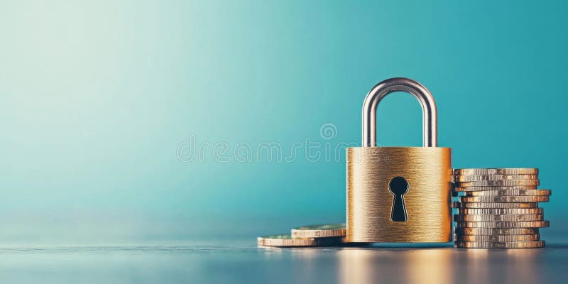 Secure banking lock protecting coins for financial privacy and safety measures. Generative AI stock photos