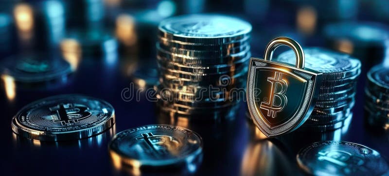 Secure banking with lock and shield symbolizing privacy for digital assets. Generative AI. Stacks of metallic coins are arranged around a lock and shield symbol that represent security and privacy in banking. This symbolizes the safety of digital assets in financial transactions. AI generated