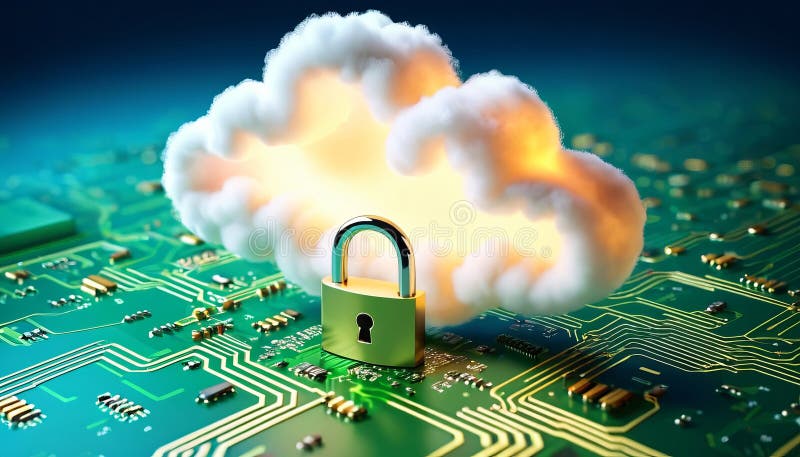 Secure cloud computing concept with lock and circuit board imagery royalty free stock photography