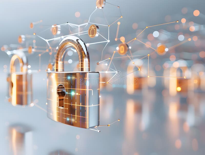Secure Cloud Computing Infrastructure with Metallic Digital Padlocks and Abstract Encryption Symbols generative ai. Secure and Streamlined Cloud Computing Infrastructure Concept with Metallic Digital Padlocks Abstract Data Encryption Symbols and Glyphs generative ai