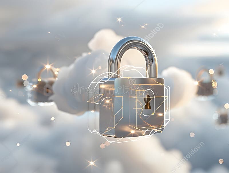Secure Cloud Computing Infrastructure with Metallic Digital Padlocks Hovering Over Soft White Background generative ai royalty free stock photos
