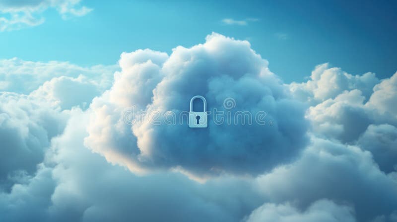 Secure cloud computing symbol with lock emblem in a sky of fluffy clouds stock image