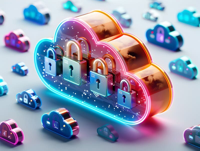 Secure Cloud Computing with Vibrant Digital Locks and Data Storage Symbols generative ai stock photography