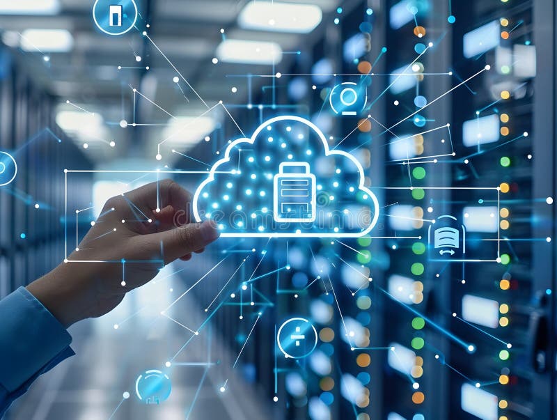 Secure Cloud Data Transfer and Cybersecurity Management on Computer Screen stock illustration