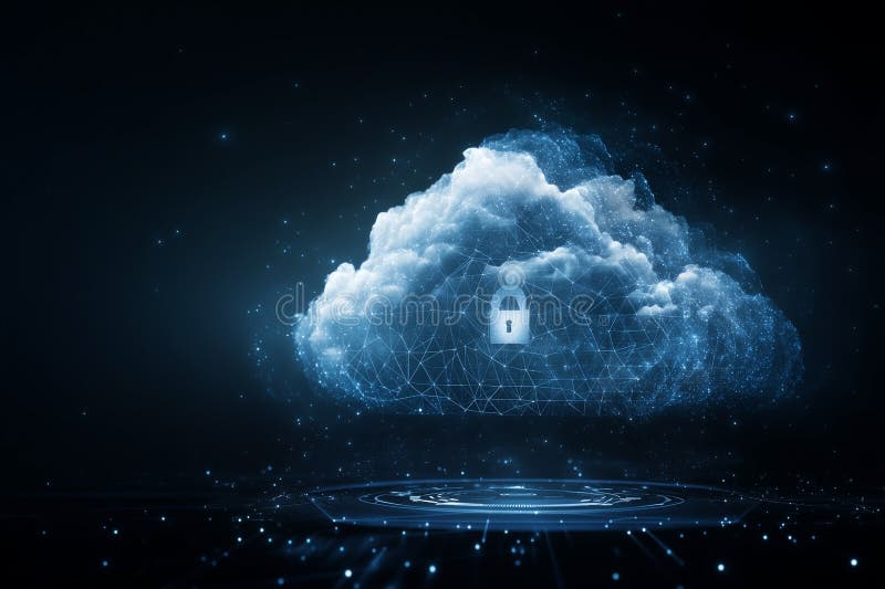 Secure Cloud: A digital cloud with integrated padlock, representing data security and privacy in cyberspace, emphasizing royalty free illustration