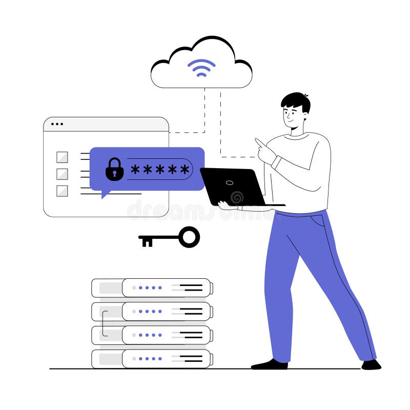 Secure cloud storage. Data backup, encrypted cloud storage, data protection in the cloud. Password access. Vector illustration vector illustration