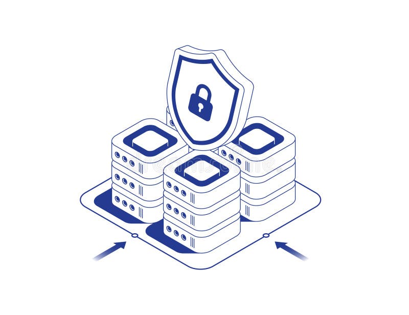 Secure data center concept with server rack featuring shield and lock icon symbolizing database protection in isometric stock illustration