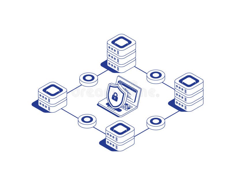 Secure data center concept with 4 server racks connected by data flows, laptop and security shield symbolizing cyber stock illustration
