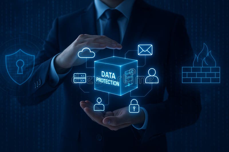 Secure data protection system, IT security, privacy protection, encryption, and firewall network. A person in a suit holds a glowing cube labeled "Data Protection" surrounded by digital symbols representing cloud storage, email, user profiles, security locks, and a firewall. The image suggests concepts of cybersecurity, data encryption, and privacy protection in a digital network. The background displays a shield icon, reinforcing themes of security and defense against cyber threats. The blue tones and digital interface elements convey a high-tech, futuristic theme relevant to information technology.