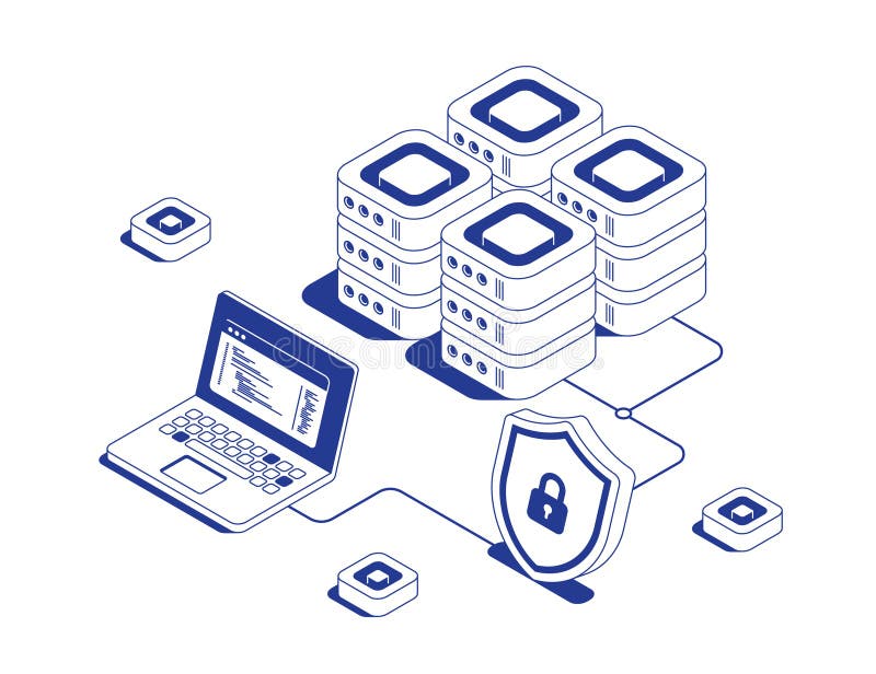 Secure data transfer concept with server racks connected to laptop via cables and protected by shield lock symbol in vector illustration