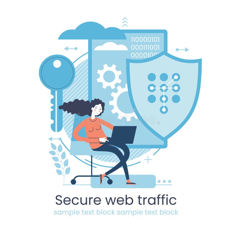 Secure data transmission concept. Access right. Safe file sharing. Protected web traffic. VPN. Analytical traffic assessment. royalty free illustration