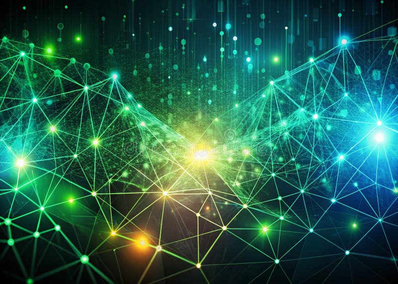 A Secure Digital Network Abstract Binary Code Flowing Through a Dynamic Polygon Structure on a Dark Green Canvas vector illustration