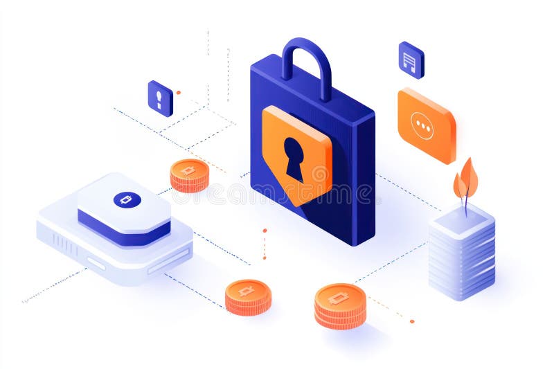 Secure digital network with data encryption and API REST security concept, featuring lock and technology icons stock illustration