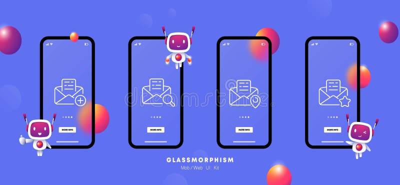 Secure email icon set. Shield, protection, encryption, security, mailbox. Privacy. Glassmorphism. UI phone app screen. Vector line royalty free illustration