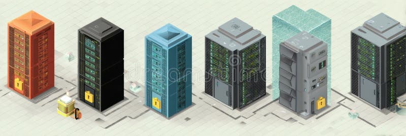 Secure Encrypted Servers Arranged in an Isometric Data Center Design Located in a Simulated Digital Environment royalty free stock image