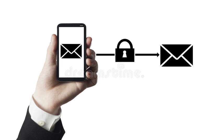 Hand holding smartphone with secure mail to cloud symbol. Hand holding smartphone with secure mail to cloud symbol