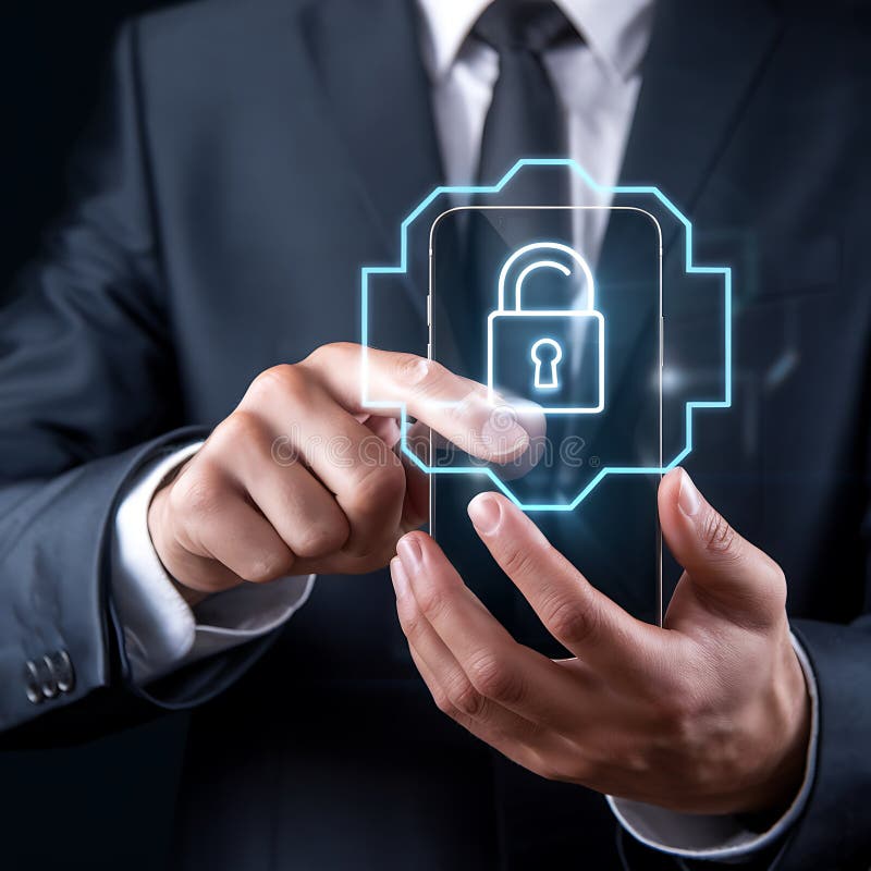 Secure Mobile Data Protection: A Businessman\'s Digital Safeguard stock illustration