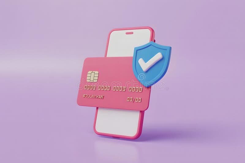 Secure Mobile Payment with Pink Credit Card and Shield Icon vector illustration