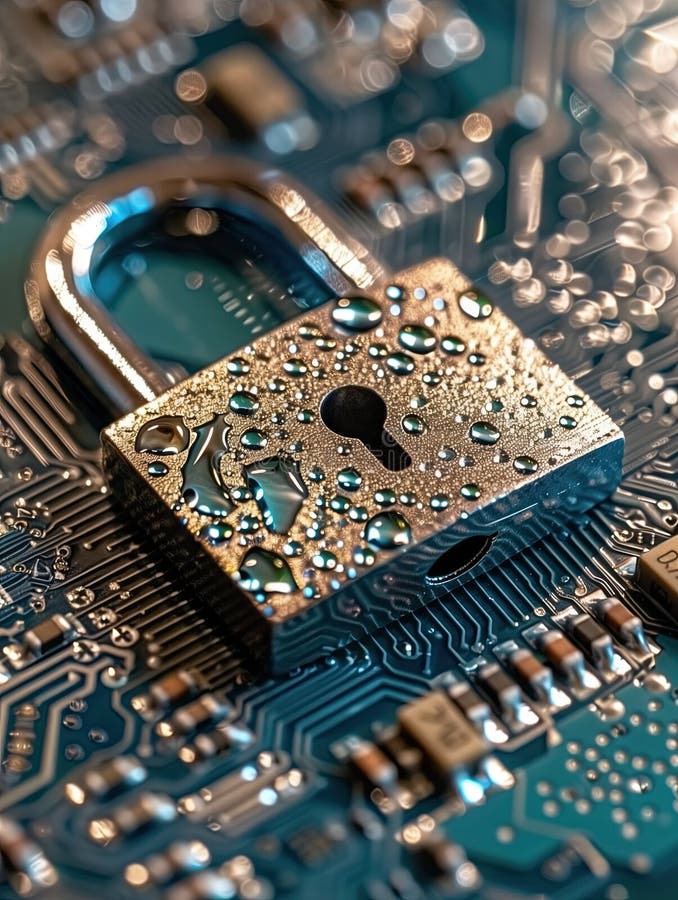 Secure Network Shield: Blue Circuitry with Shining Padlock Represents Cybersecurity and Data Protection on Digital Infrastructure stock illustration
