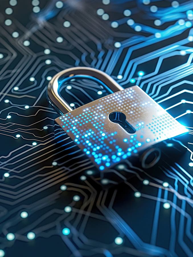 Secure Network Shield: Blue Circuitry with Shining Padlock Represents Cybersecurity and Data Protection on Digital Infrastructure royalty free illustration
