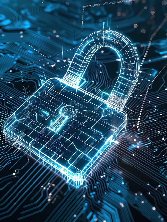 Secure Network Shield: Blue Circuitry with Shining Padlock Represents Cybersecurity and Data Protection on Digital Infrastructure vector illustration