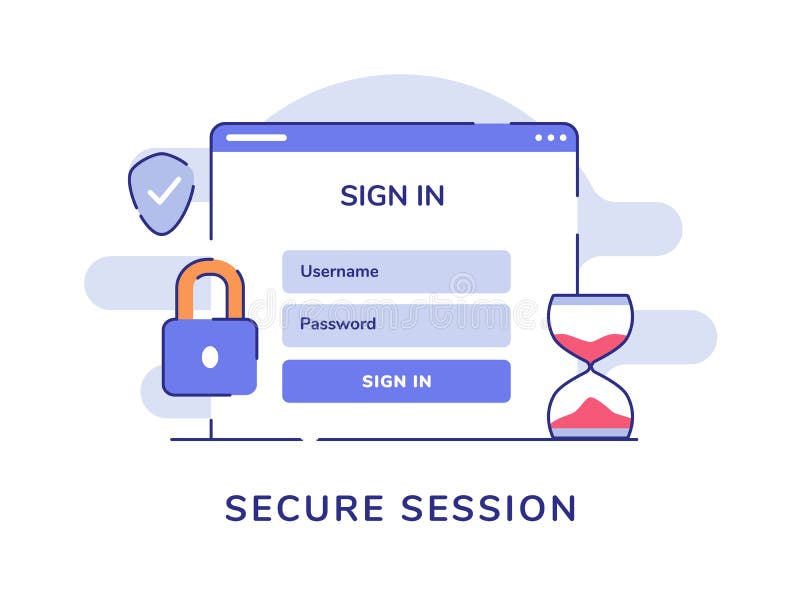 Secure session concept sign in user name password computer padlock shield white isolated background with flat style stock illustration