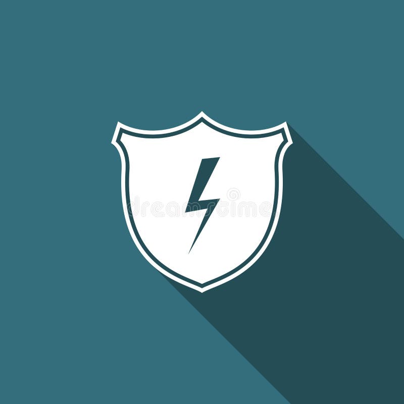 Secure Shield with Lightning Icon Isolated with Long Shadow Stock