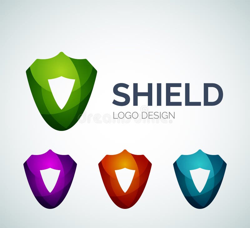Abstract secure shield logo design made of color pieces - various geometric shapes. Minimal shield vectors