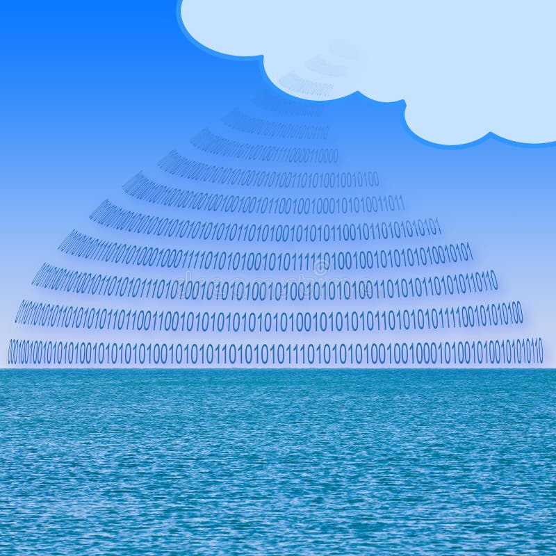 Secure storage on service cloud - concept image with binary code and cloud over a calm sea background royalty free stock photo